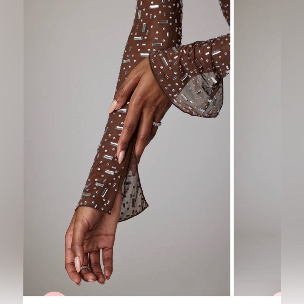Oh Polly Isabeau Sheer Embellished Long Sleeve Evening Gown in Deep Cocoa, 6 - Picture 3 of 4